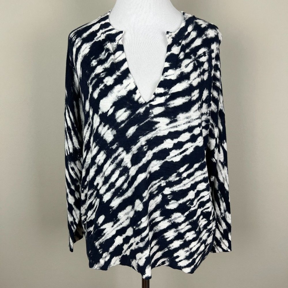 LOFT Sweater Womens Small Navy Tie Dye Split Neck Drop Shoulder Cotton Top New - Picture 9 of 9
